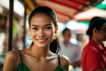 asian woman smiles shy, young thai or balinese or similar outdoor, in the background other local people or tourists, summer daylight. Generative AI - obrazy, fototapety, plakaty