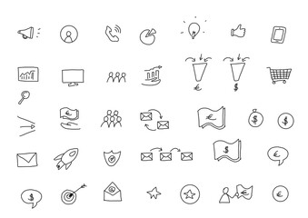 Marketing handdrawn icons set. Advertising icon collection. Marketing symbol set. Vector