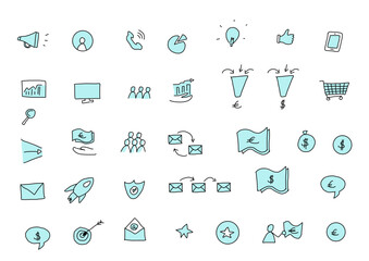 Marketing handdrawn icons set blue. Advertising icon collection. Marketing symbol set. Vector with colours