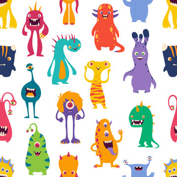 Cartoon funny monsters seamless pattern. Cute aliens, Halloween ghosts and space beasts vector background, happy monster characters with cheerful smiles, scary eyes and horns, color fur and tongues