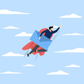 Email Communication concept, businessman superhero carrying big email envelope flying to recipient address, marketing campaign from subscription, sending message or information concept.