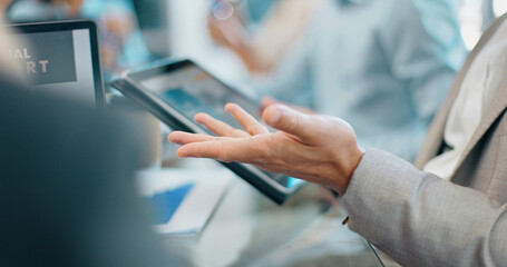 Businessman, hands and tablet in digital marketing for corporate planning, strategy or web design...