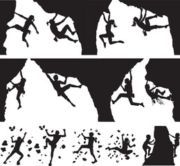 People man woman and children rock climbing vector silhouette of indoor outdoor free climbers collection - 576740696