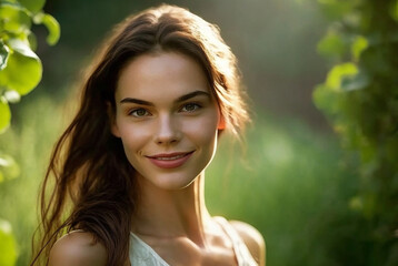Naklejka premium young adult woman outdoors in nature with green trees leaves and green meadow. Generative AI