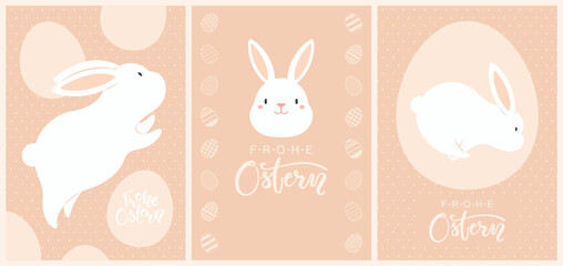 Easter bunnies, cute rabbits, painted eggs cards, posters collection with German text Frohe Ostern, Happy Easter. Vector illustration. Flat style design. Concept for holiday print, banner, invite