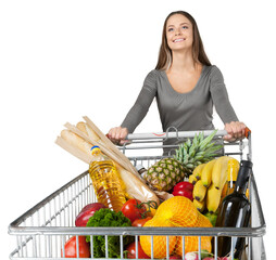Portrait of a Woman Pushing a Shopping Cart Full of Groceries