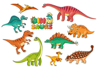 Cartoon dinosaur characters. Isolated vector spinosaurus, pteranodon, isanosaurus and triceratops, ceratosaurus, ankylosaurus or oviraptor, brontosaurus and stegosaurus funny colorful dino personages