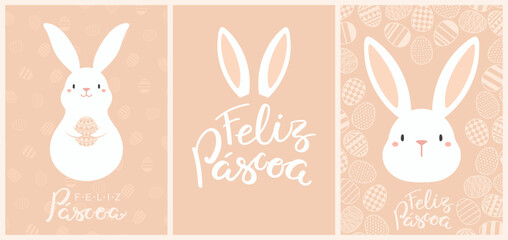 Easter bunnies, cute rabbits, painted eggs cards, posters collection with Portuguese text Feliz Pascoa, Happy Easter. Vector illustration. Flat style design. Concept for holiday print, banner, invite