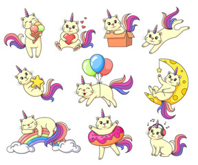 Naklejka premium Cartoon cute caticorn characters isolated vector set. Fairytale personages eating ice cream, holding heart, playing with box, star, balloons and donut, sleeping on rainbow and listening to music