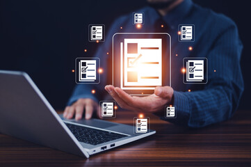 Documents management information system concept, Businessman using visual screen internet for Documents management information system and ERP program data directory in company, ERP document management © Suriyo