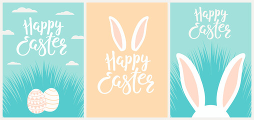 Cute bunny, rabbit ears, painted eggs, spring grass, lettering quote Happy Easter cards, posters collection. Vector illustration. Flat style design. Concept for holiday print, banner, egg hunt invite