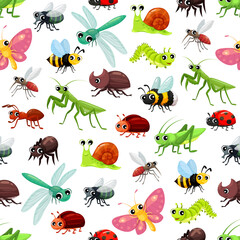 Cartoon insects seamless pattern, butterfly and cute bugs vector background. Beetle, fly and dragonfly with funny ladybug or ladybird, bee and bumblebee, moth and spider with cheerful snail in pattern © Buch&Bee