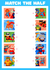 Match the half, cartoon superhero animal characters kids game worksheet. Vector puzzle quiz or matching riddle of children education activity with cute cat, dog, bear, raccoon, lion, elephant, panda