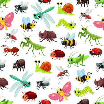 Cartoon insects seamless pattern, butterfly and cute bugs vector background. Beetle, fly and dragonfly with funny ladybug or ladybird, bee and bumblebee, moth and spider with cheerful snail in pattern