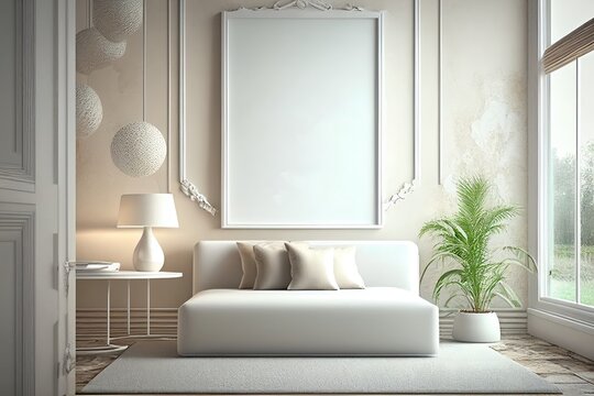 Mock up poster frame in modern interior background,,digital illustration generative AI