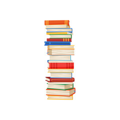 Stack of books, stacked educational materials, cartoon textbooks. Vector bookstore textbooks in hardcover, bookstore or library emblem