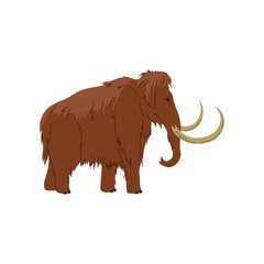 Cartoon cute funny mammoth with brown hair. Vector cute nice baby mamont, prehistoric extinct animal with ivory tusk, funny creature