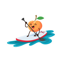 Cartoon peach riding sup board. Isolated vector comical fruit on summer coastal holiday. Funny fresh personage having fun in nature at seaside resort. Wholesome food relaxing on ocean during vacation