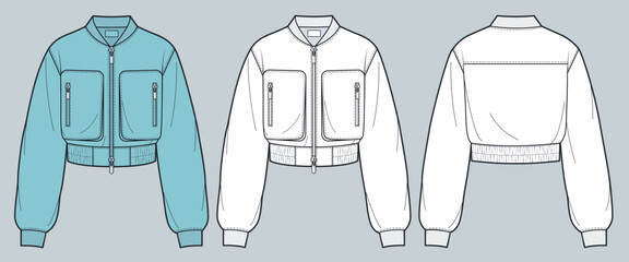 Bomber Jacket fashion flat technical drawing template. Oversize Jacket, Sweatshirt technical fashion Illustration, front, back view, white, pockets, zip-up, women, men, unisex CAD mockup set.