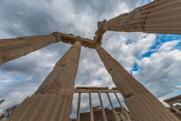 Acropolis of Pergamon with different angles, on a cloudy day columns of temple library and blue sky