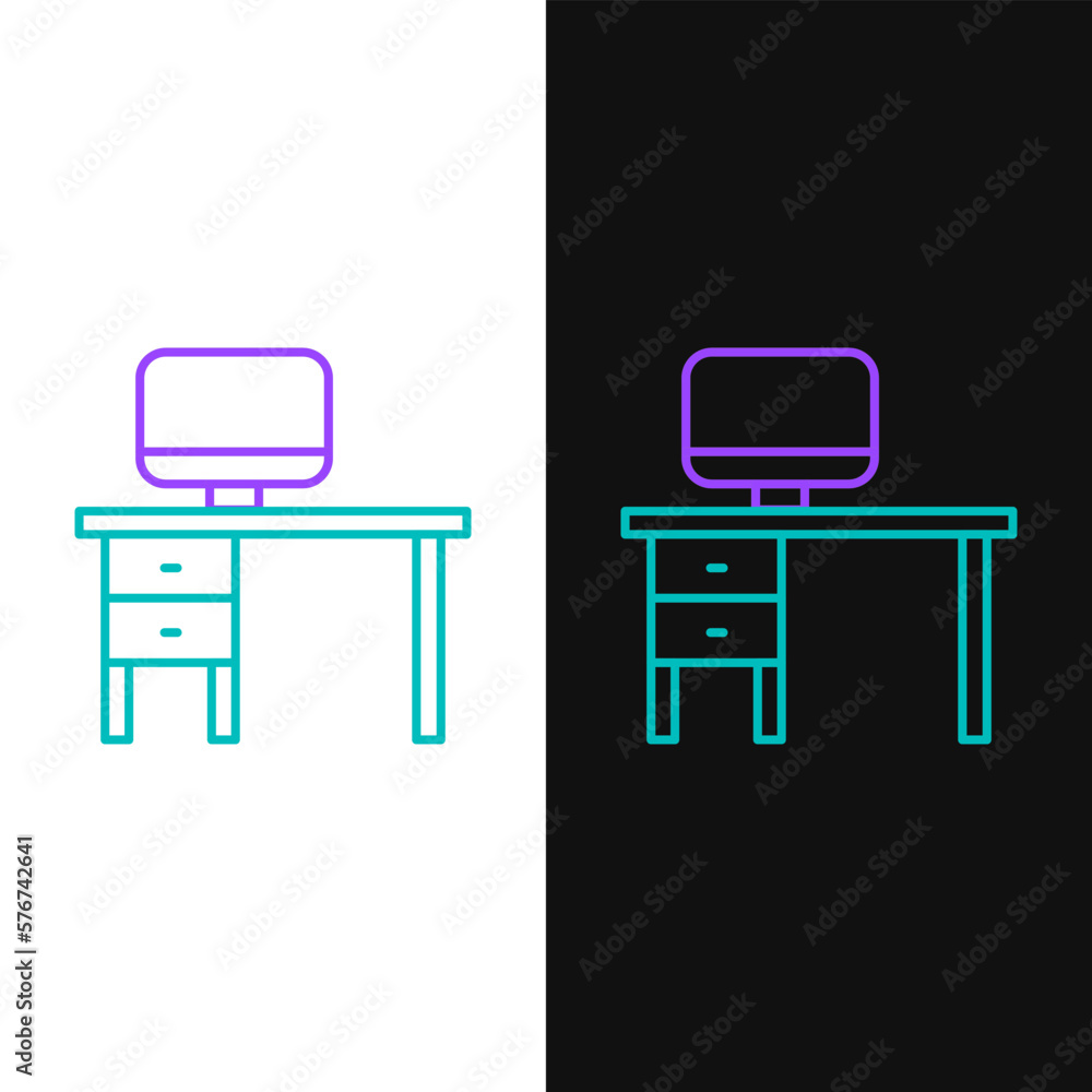 Poster line computer monitor and desk icon isolated on white and black background. pc component sign. color