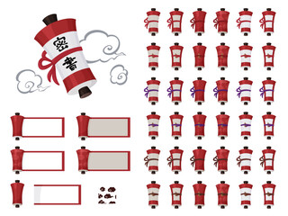 かわいい巻物のイラスト素材セット_赤