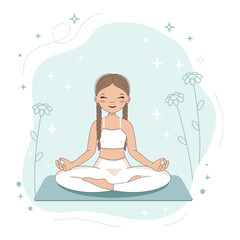 An image of a girl sitting in the lotus position. Cartoon style