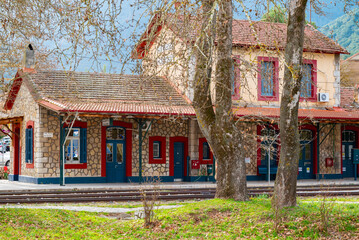 The old traditional train station in Kalavryta in Poloponnese, Greece. The station is served by the Diakopto–Kalavryta railway.