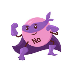 Cartoon sodium or natrium superhero micronutrient character. Comic vector Na supplement super hero personage in purple cloak and mask. Healthy food bubble, isolated brave vitamin, fairy tale nutrient