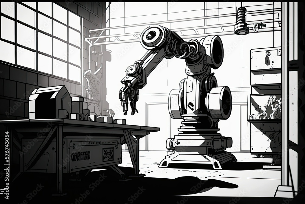 Poster the assembly is being manipulated by a robotic arm at a contemporary factory. taken from a low vanta