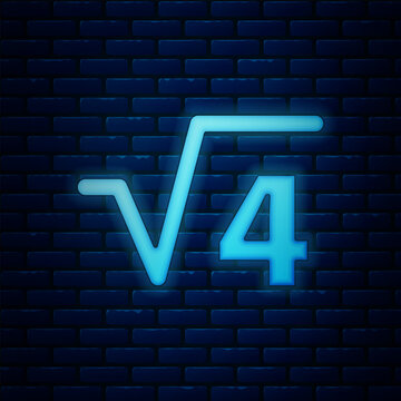 Glowing neon Square root of 4 glyph icon isolated on brick wall background. Mathematical expression.  Vector