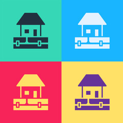 Pop art Water supply pipes and house icon isolated on color background.  Vector
