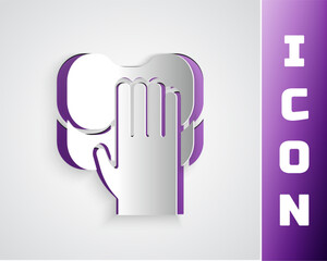 Paper cut Cleaning service icon isolated on grey background. Latex hand protection sign. Housework cleaning equipment symbol. Paper art style. Vector