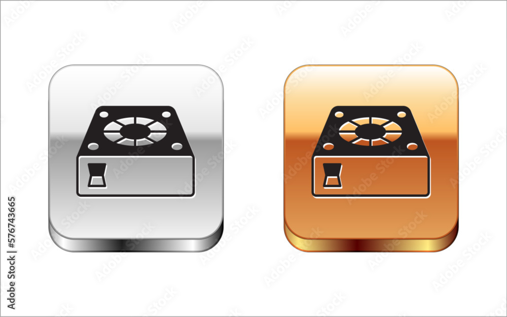 Poster black computer cooler icon isolated on white background. pc hardware fan. silver and gold square but