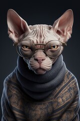 Sphynx cat wearing sweater and glasses. Generative AI