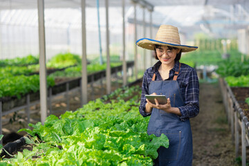 Asian woman organic farmer standing in a vegetable field, Organic vegetables and healthy lifestyle concept.