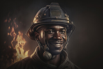 Fototapeta na wymiar close up fireman with hard hat, fire and flames or conflagration in background, in darkness. Generative AI