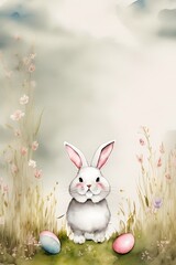 a watercolor painting of a bunny and eggs with flowers and leaves around it, with the words happy easter written in the center of the image, and a yellow bird on the left. Generative AI