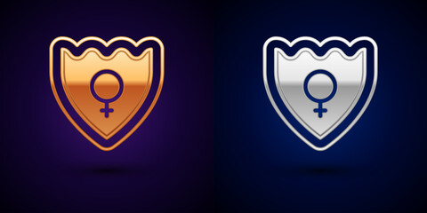 Gold and silver Gender shield, Female icon isolated on black background.  Vector