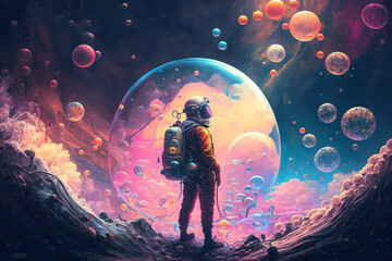 Obraz na płótnie Canvas Beautiful painting of an astronaut in a colorful bubbles galaxy on a different planet. Created with generative technology.