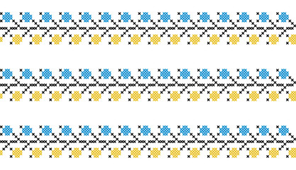 Ukrainian vector seamless fashion pattern, ornament, border. Traditional folk, ethnic pattern. Decoration in yellow and blue. Ukrainian fashion pattern. Pixel art, vyshyvanka, cross stitch - obrazy, fototapety, plakaty
