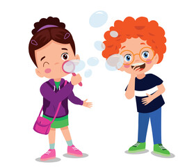 Two kids blowing bubbles on a white background.;