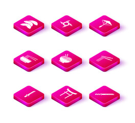 Set Japanese katana, Gate, Asian noodles in bowl and chopsticks, Traditional, umbrella from the sun and ninja shuriken icon. Vector