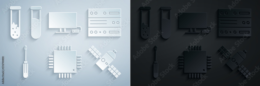 Poster set processor with microcircuits cpu, server, data, web hosting, screwdriver, satellite, smart tv an