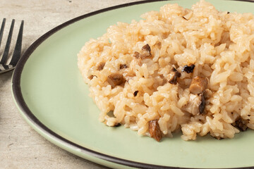 Japanese rice with shiitake on plate.
