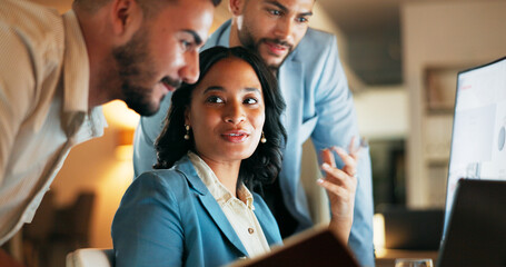 Computer, night and designer team in office for teamwork, creative and idea fors startup. Design, collaboration and business people working late on group proposal, logo or online project together