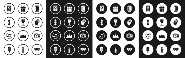 Set Beer can, Wine glass, Candy, Stereo speaker, Vip inside head, Gift box, Photo camera and Music note, tone icon. Vector