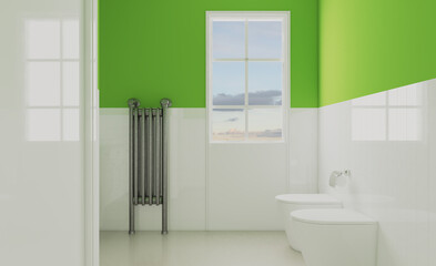 Fototapeta na wymiar A green oasis in a white bathroom with a window.. 3D rendering.