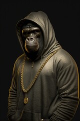 Fototapeta na wymiar Gorilla in a gangster style wearing hoodie with gold chain. Generative AI