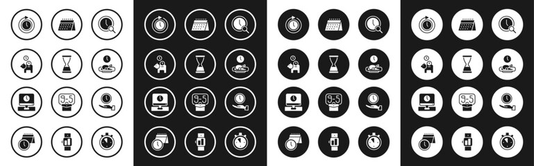 Set Magnifying glass with clock, Old hourglass sand, Piggy bank coin, Clock arrow, Food time, Calendar,  and Monitor icon. Vector